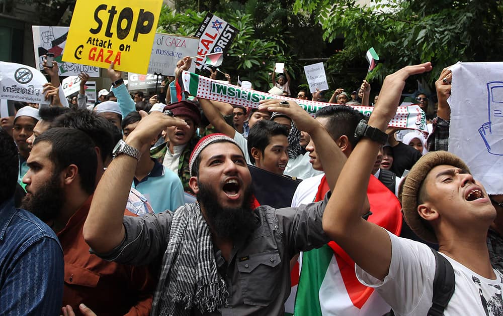 THAI-MUSLIM ACTIVISTS CHANT SLOGANS DURING A RALLY OUTSIDE THE ISRAELI EMBASSY IN BANGKOK, THAILAND.