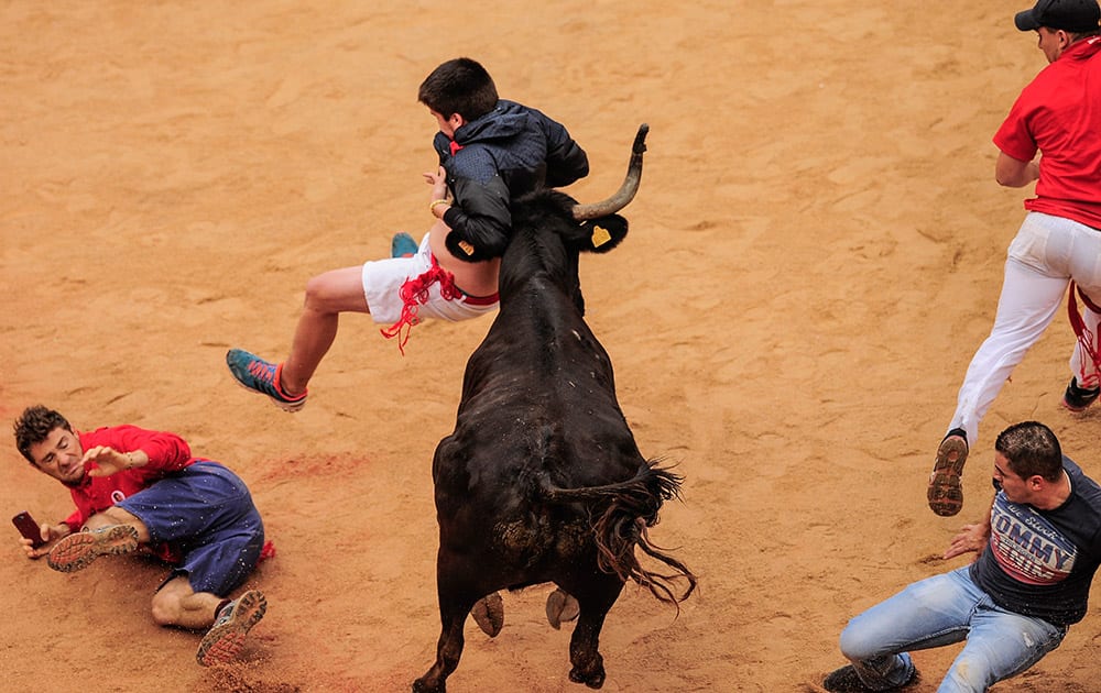 A reveler is pushed by a cow in the bull ring, at the San Fermin festival, in Pamplona, Spain.