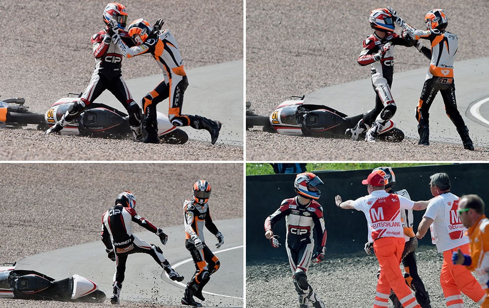 This combination photo shows Bryan Schouten, left, and Scott Deroue, right, both from the Netherlands, as they fight after a crash during the Moto3 race at the Sachsenring circuit in Hohenstein-Ernstthal, Germany.