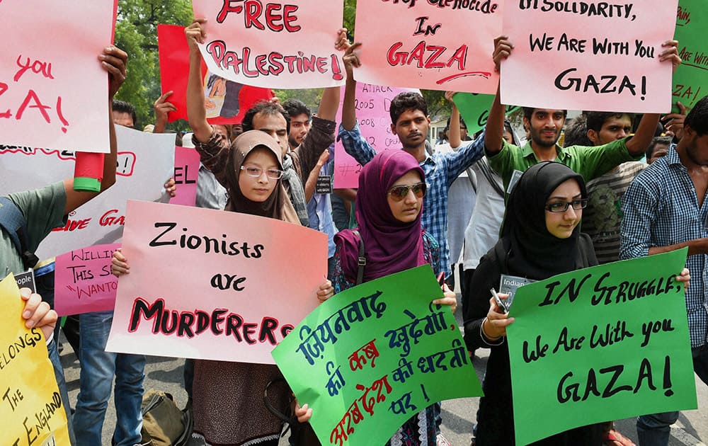 Group of Indian citizens protesting in front of Israeli embassy to demand an immediate end to the barbaric attack in Gaza, in New Delhi.