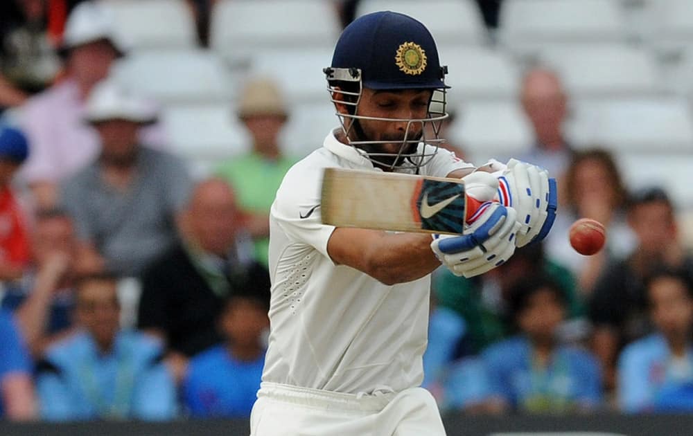 India`s Ajinkya Rahane plays a shot during day four of the first Test between England and India at Trent Bridge cricket ground, Nottingham, England.