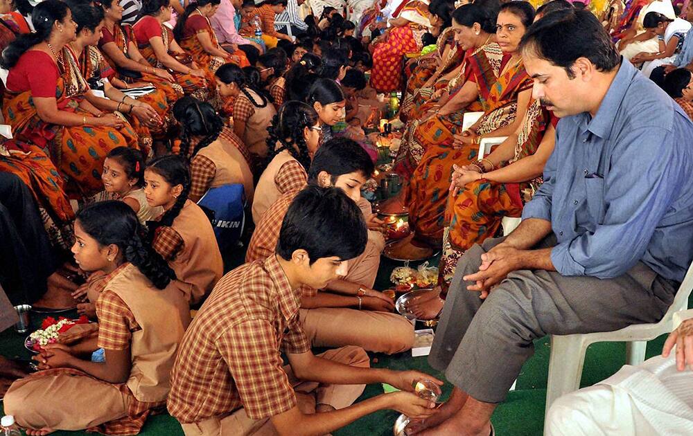 Teachers and students celebrate Guru Purnima at a school in Hyderabad.