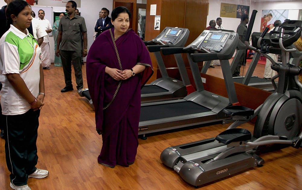 Tamil Nadu Chief Minister J Jayalalithaa at the inauguration of two new gymnasiums at the Secretariat in Chennai.