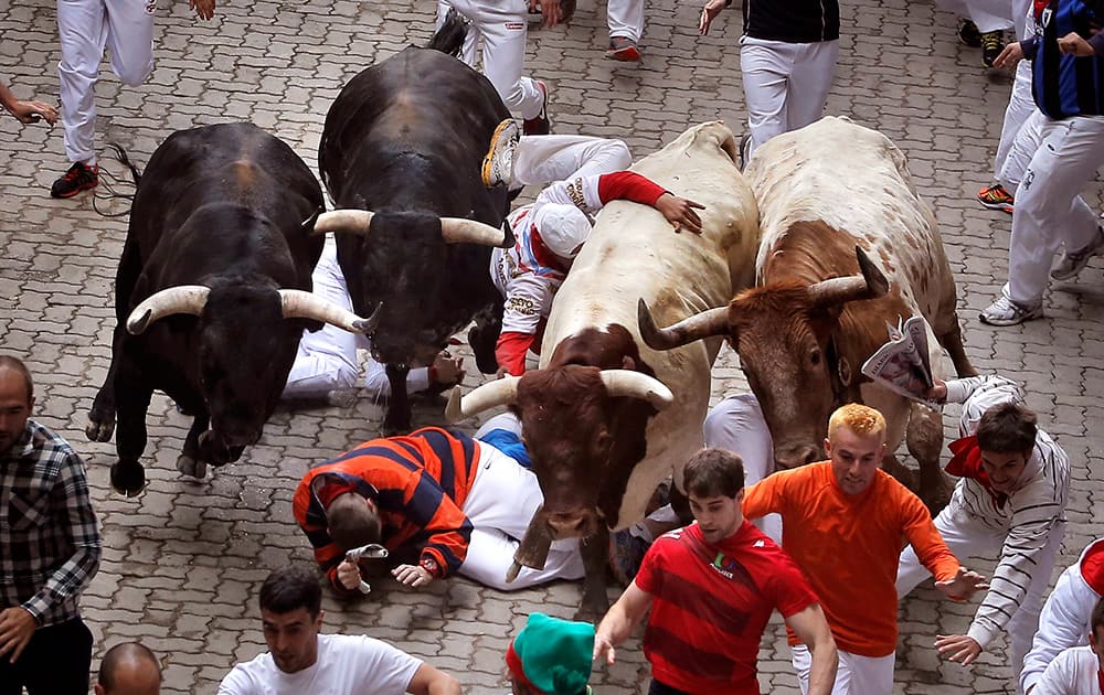 Revelers fall as Garcigrande fighting bulls run during the running of the bulls at the San Fermin festival, in Pamplona, Spain.