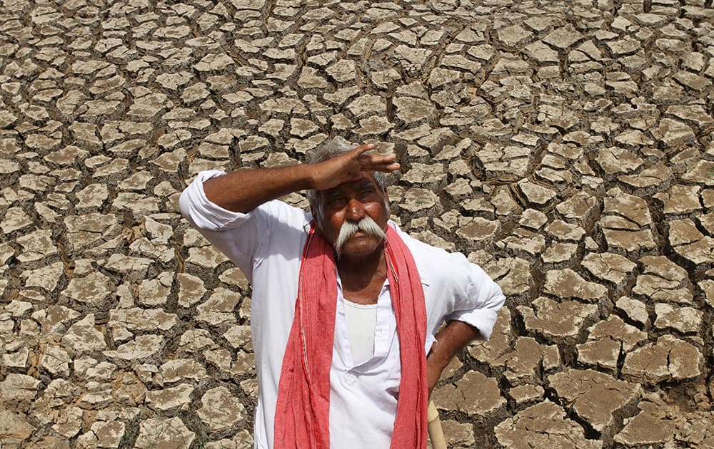 A farmer looks skyward as he stands on a dried bed of a water body on the outskirts of Ahmadabad. The western Indian state of Gujarat is facing a severe deficit in monsoon rain, according to news reports.