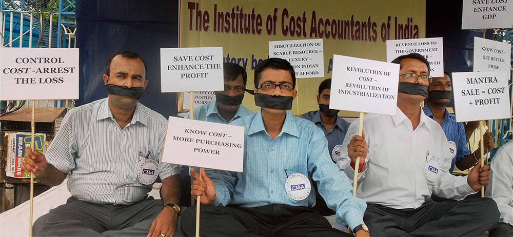 Members of The Institute of Cost Accountants of India protest against a Central government notification in Kolkata.