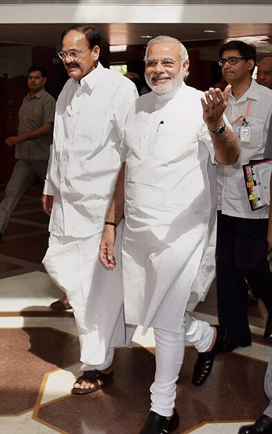 Prime Minister Narendra Modi arrives at Parliament House on the first day of the budget Session in New Delhi.