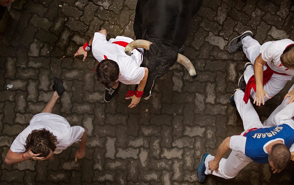 A reveler is pushed on his back by a Torrestrella`s ranch fighting bull horn during the running of the bulls of the San Fermin festival, in Pamplona, Spain.