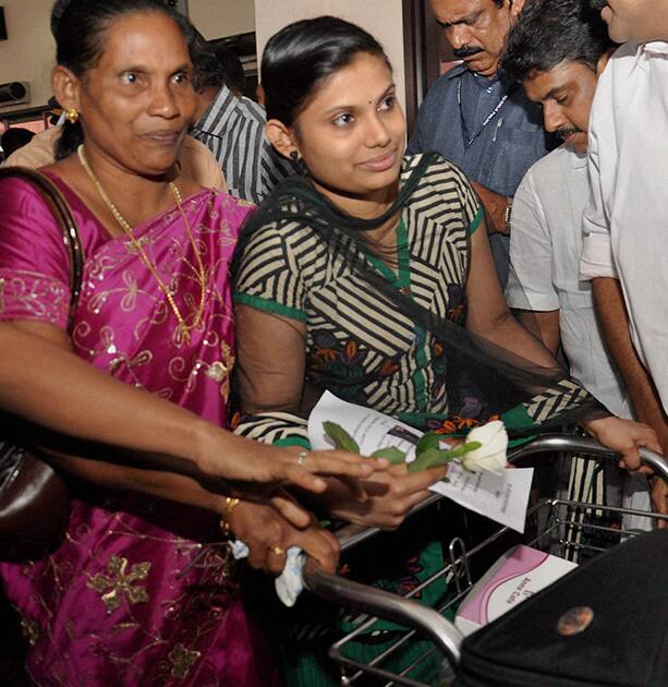 One of the nurses who were stranded in the territory held by Islamic extremists in Iraq, upon arrival at the airport in Kochi.