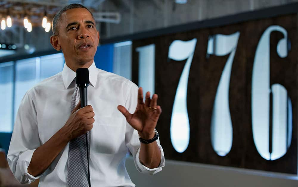 President Barack Obama speaks at 1776, a hub for tech startups, in Washington.