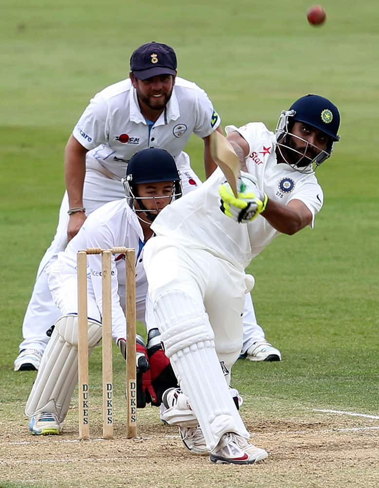 India`s Ravindra Jadeja plays a shot during day two of the International warm up match against Derbyshire in Derby England.