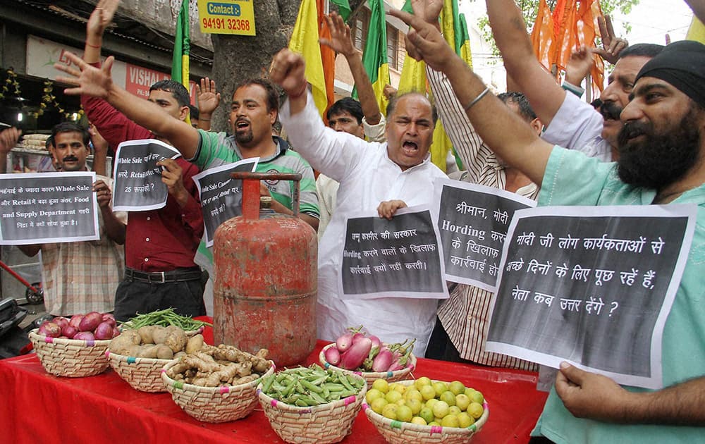 Activists of Shiv Sena and Dogra Front during a protest against price rice in Jammu.