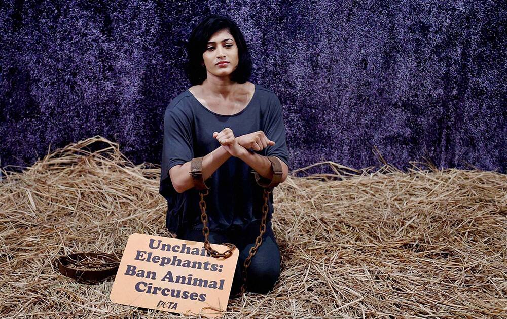 Badminton player Ashwini Ponnappa during PETA`s anti-circus campaign in Bengaluru.