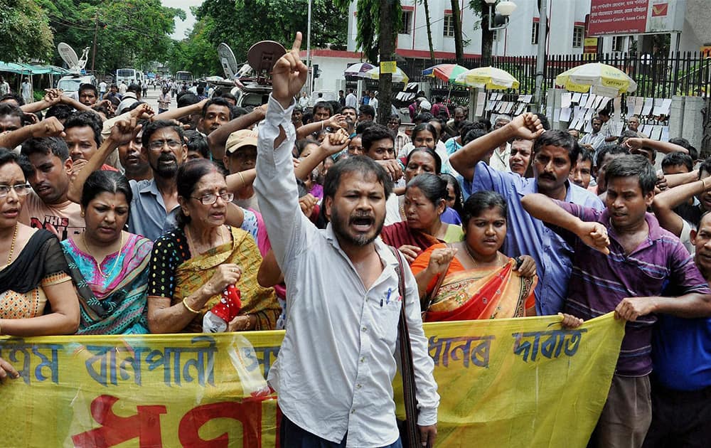 KMSS leader Akhil Gogoi leads a protest demonstration in Guwahati on Monday against the Assam government`s alleged failure in handling various issues.