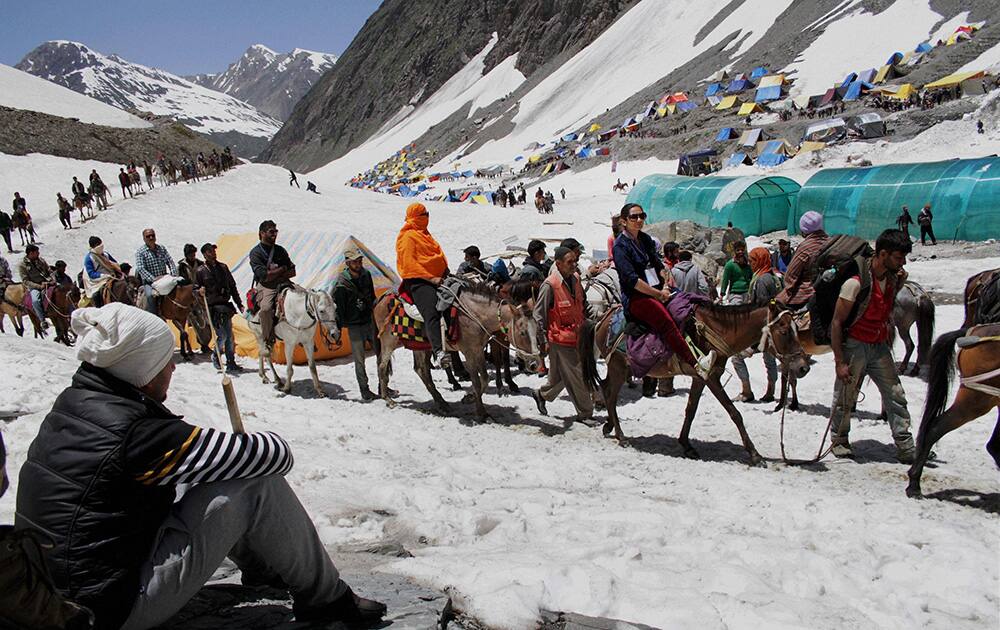 Hindu pilgrims on the way to the holy cave of Amarnath shrine.