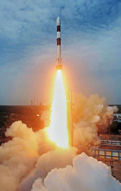 The Polar Satellite Launch Vehicle (PSLV-C23) satellite takes off during its launch from the Satish Dhawan Space Center in Sriharikota.