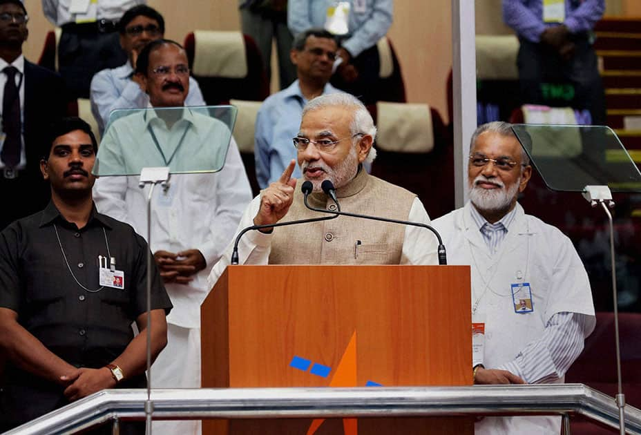 Prime Minister Narendra Modi speaks after the successful launch of the Polar Satellite Launch Vehicle (PSLV-C23) in Sriharikota.