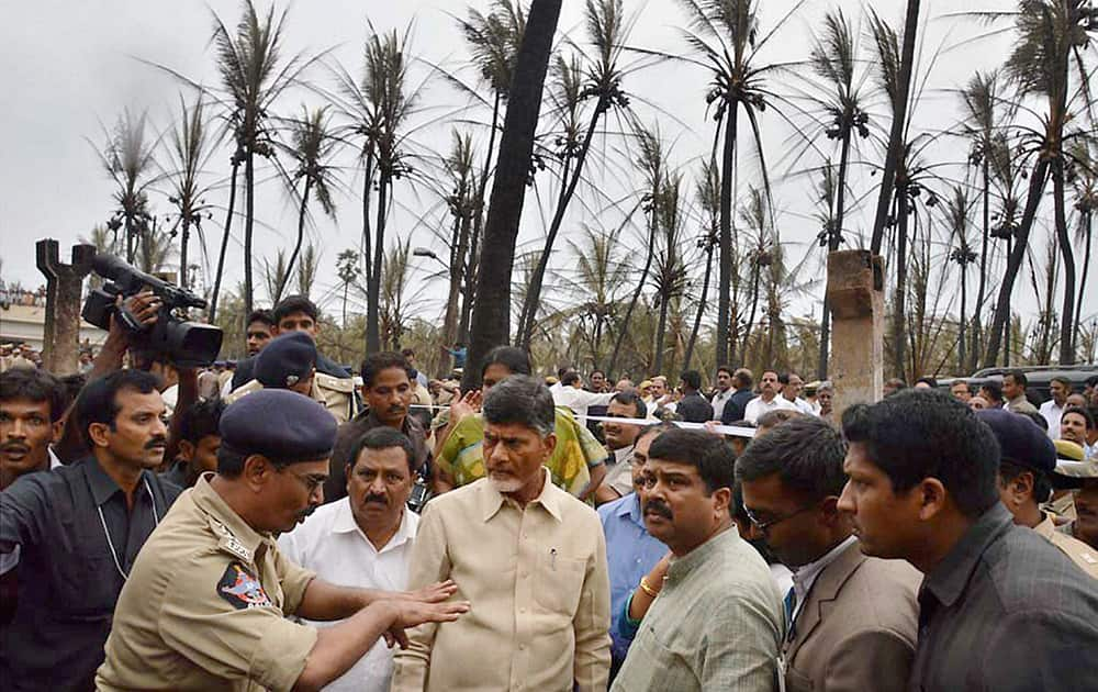 Petroleum Minister Dharmendra Pradhan and Andhra Pradesh Chief Minister N Chandrababu Naidu visit the site of the gas pipeline fire tragedy in Nagaram village near Rajahmundry in East Godavari district.