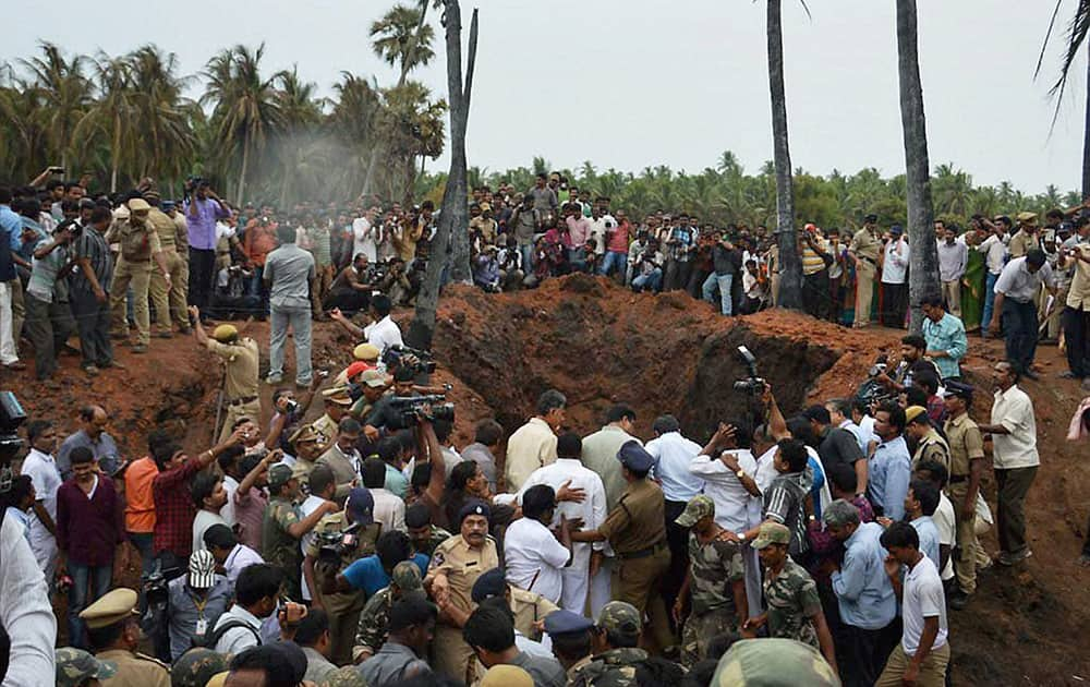 Petroleum Minister Dharmendra Pradhan and Andhra Pradesh Chief Minister N Chandrababu Naidu visit the site of the gas pipeline fire tragedy in Nagaram village near Rajahmundry in East Godavari district.