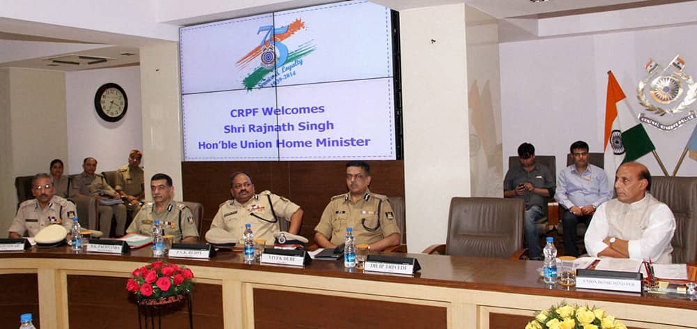 Union Home Minister, Rajnath Singh at a meeting during a visit to the Central Reserve Police Force (CRPF) headquarters in New Delhi.