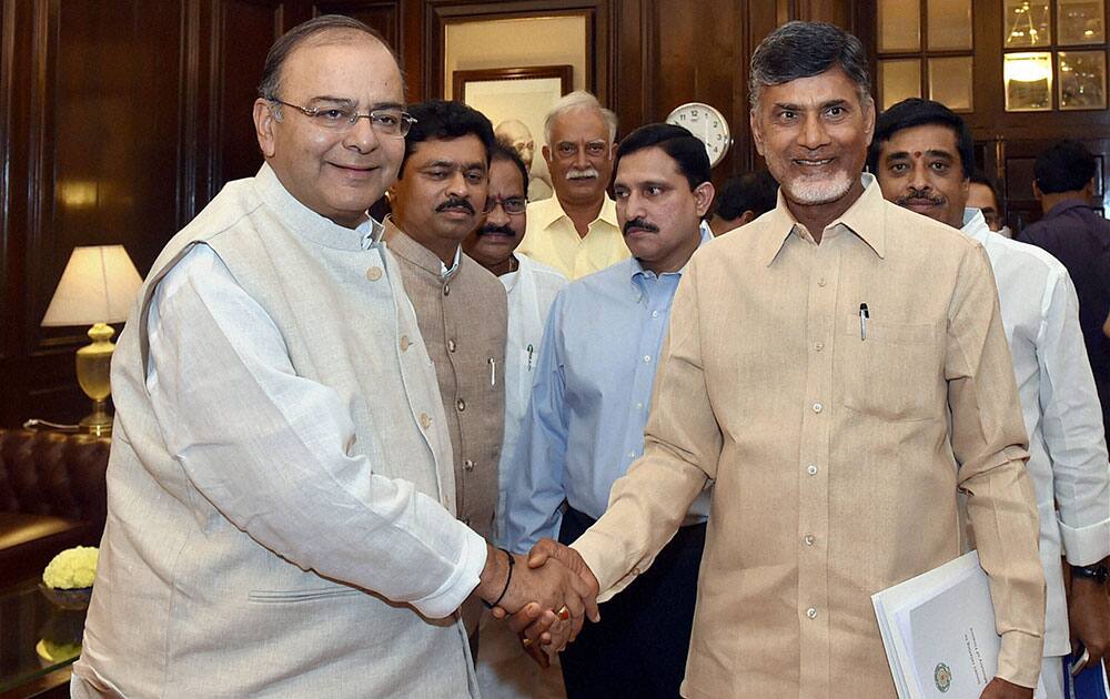 Andhra Pradesh Chief Minister N. Chandrababu Naidu meets Union Finance Minister Arun Jaitley in New Delhi.