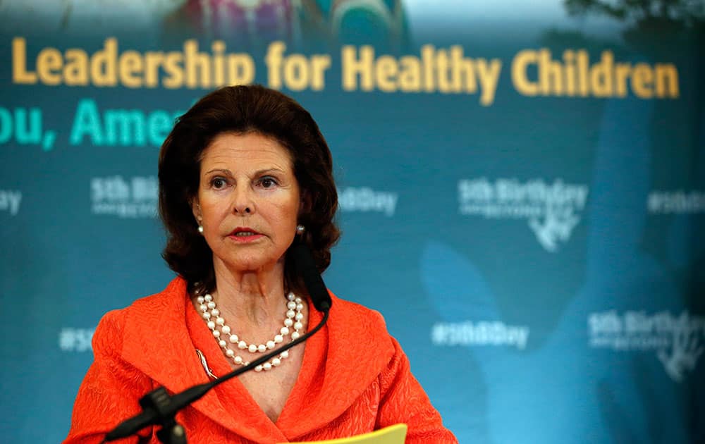 Sweden’s Queen Silvia speaks at an event to celebrate the 5th Birthday and Beyond coalition, on Capitol Hill in Washington. 