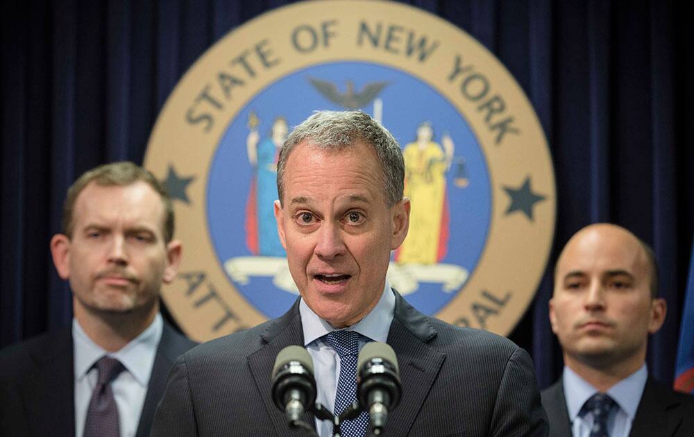 New York State Attorney General Eric Schneiderman speaks during a news conference in New York. Schneiderman announced Wednesday that he is suing banking and financial services firm Barclays. 