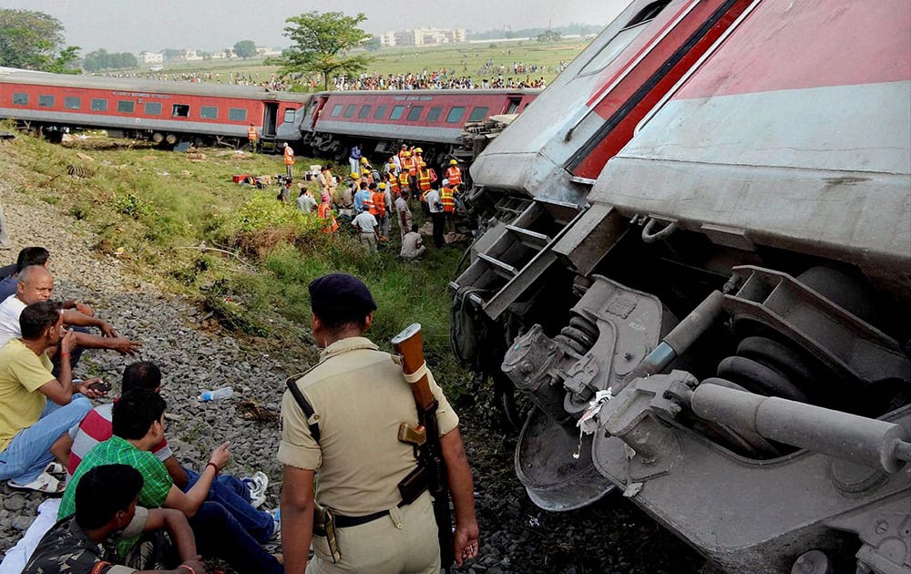 Rescue work in progress after 12 coaches of the Delhi-Dibrugarh Rajdhani Express derailed near Chapra in Bihar.