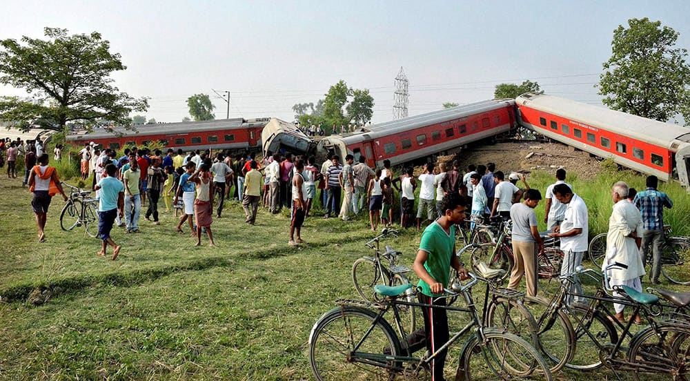 Rescue work in progress after 12 coaches of the Delhi-Dibrugarh Rajdhani Express derailed near Chapra in Bihar.