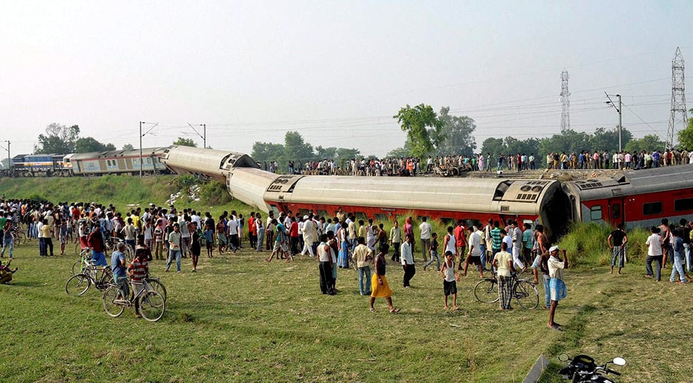 Rescue work in progress after 12 coaches of the Delhi-Dibrugarh Rajdhani Express derailed near Chapra in Bihar.