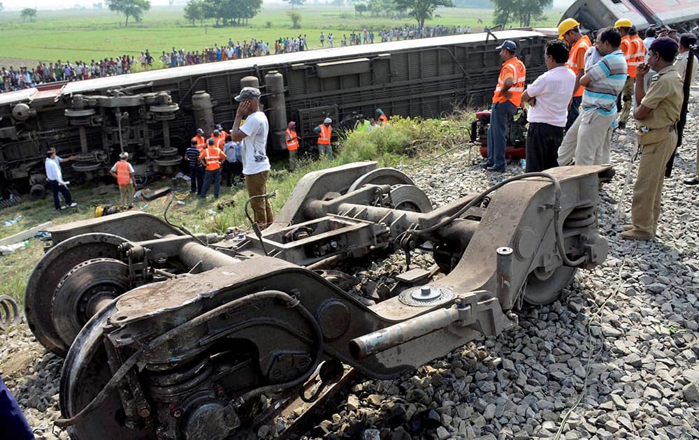 Rescue work in progress after 12 coaches of the Delhi-Dibrugarh Rajdhani Express derailed near Chapra in Bihar.