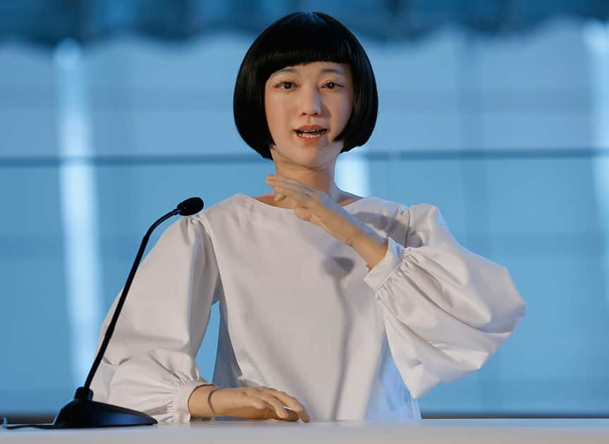 Android robot Kodomoroid speaks during a press event at the National Museum of Emerging Science and Innovation Miraikan in Tokyo.