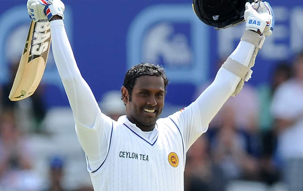 Sri Lanka`s Angelo Mathews celebrates a century during day four of the Second Test Match between England and Sri Lanka at Headingley cricket ground, Leeds, England.