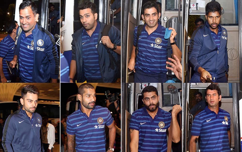 Indian cricket team players (clockwise from Top Left) MS Dhoni, Rohit Sharma, Gautam Gambhir, Varun Aaron, Virat Kohli, Shikhar Dhawan, Ravindra Jadeja and Cheteshwar Pujara before their departure for England tour from the Chhatrapati Shivaji International Airport in Mumbai.