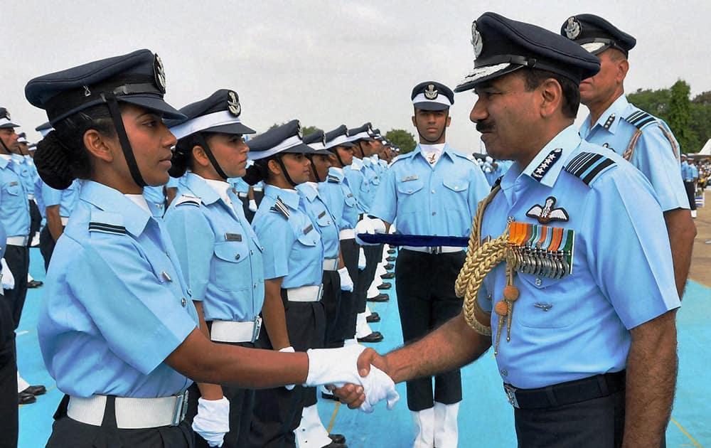 Chief of the Air Staff, Air Chief Marshal Arup Raha congratulating the newly commissioned IAF Officers during a graduation parade at Air Force Academy, Dundigal, Hyderabad.