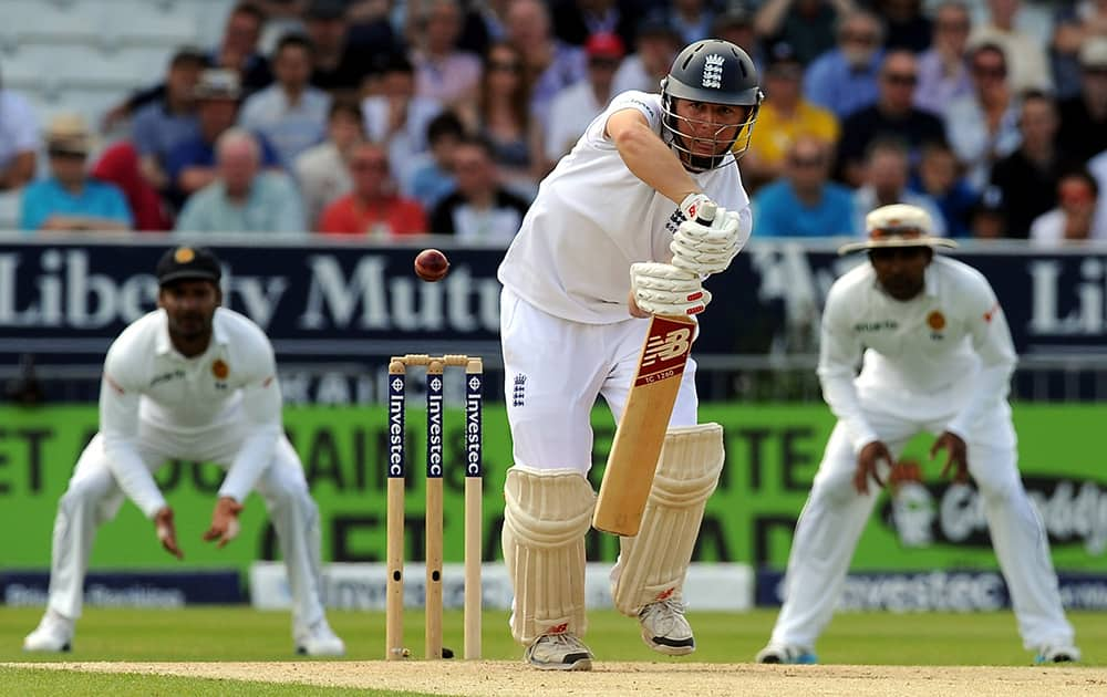 England`s Gary Ballance plays a defensive shot during the Second Test Match between England and Sri Lanka at Headingley cricket ground, Leeds, England.