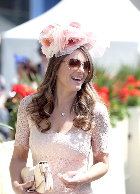 British actress Elizabeth Hurley arrives for day five of the 2014 Royal Ascot Meeting at Ascot Racecourse, Berkshire, England.