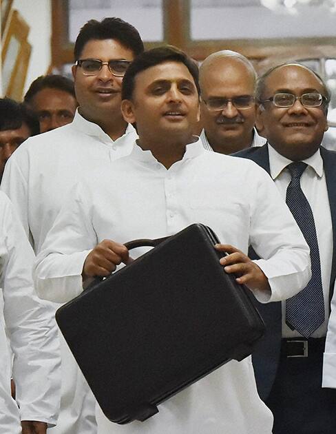 Uttar Pradesh Chief Minister Akhilesh Yadav arrives at Vidhan Sabha to present the state budget in Lucknow.