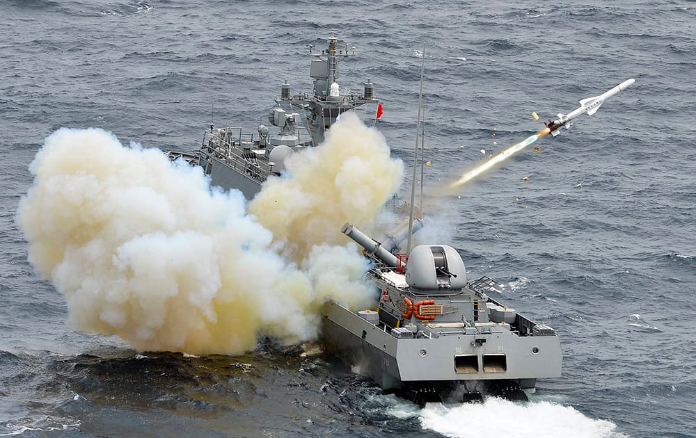 South Korean Navy`s Guided Missile Patrol Gun Boat fires a harpoon missile during a live firing exercise against a possible invasion by North Korean submarines near islands called Dokdo in South Korea and Takeshima in Japan.