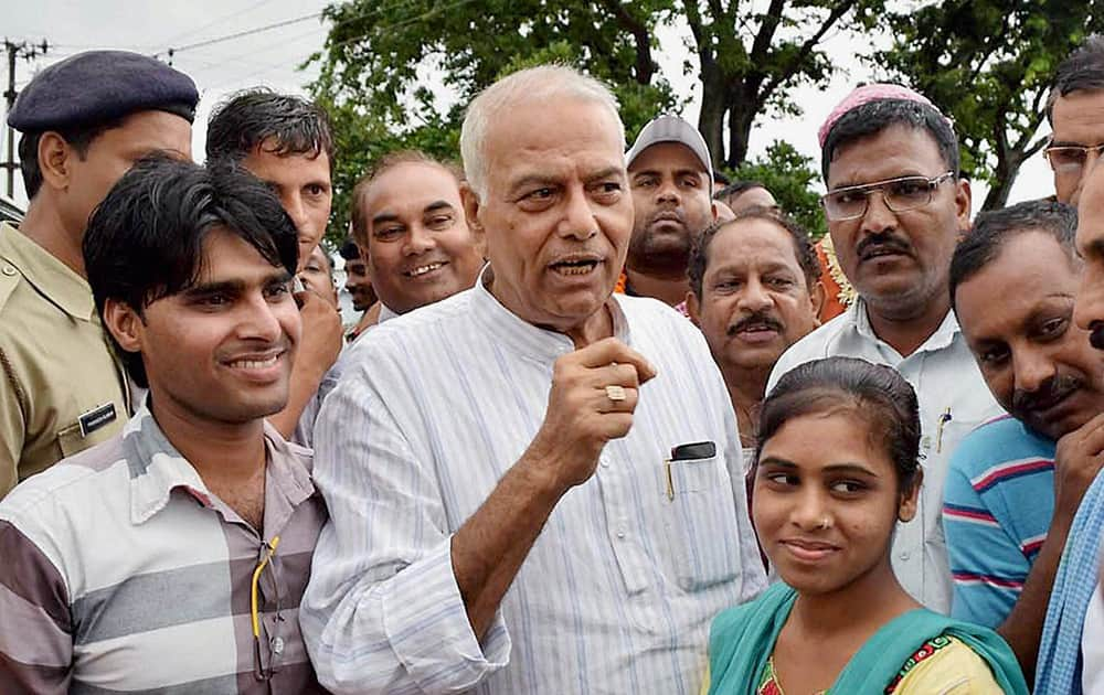 Senior Bharatiya Janta Party leader Yashwant Sinha with supporters after being released on bail from Jai Prakash Narayan Central Jail in Hazaribagh.