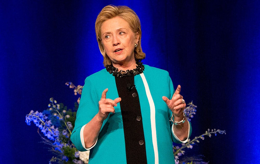 Former US Secretary of State Hillary Rodham Clinton delivers a keynote address during a luncheon in Edmonton, Alberta.