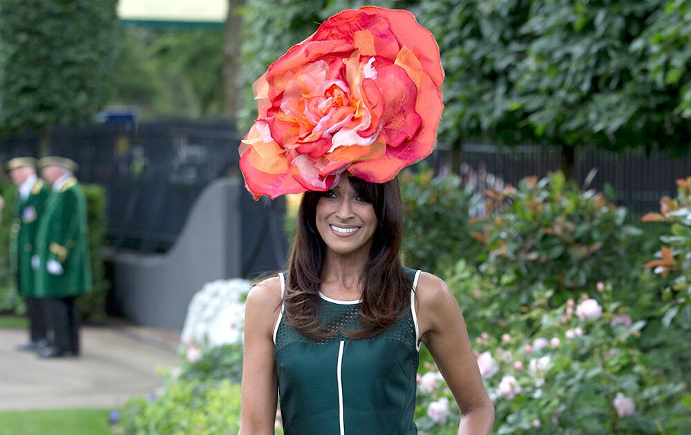 Jaqui Sincalir wears an ornate hat on the second day of the Royal Ascot horse racing meeting at Ascot, England.