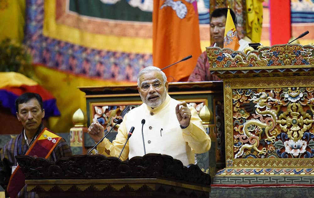 Prime Minister Narendra Modi addressing the National Assembly in Thimphu, Bhutan.
