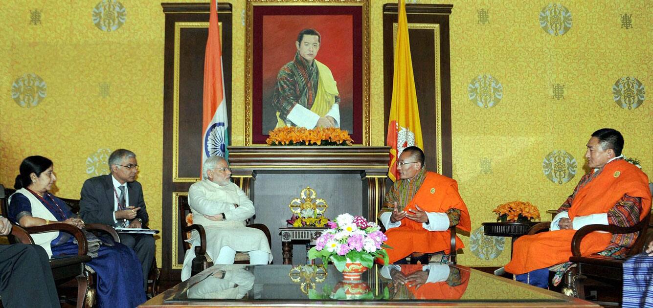 Prime Minister Narendra Modi and his Bhutanese counterpart Tshering Tobgay at a bilateral meeting in Thimphu on Sunday. Union Minister for External Affairs and Overseas Indian Affairs, Sushma Swaraj and other dignitaries are also seen. 