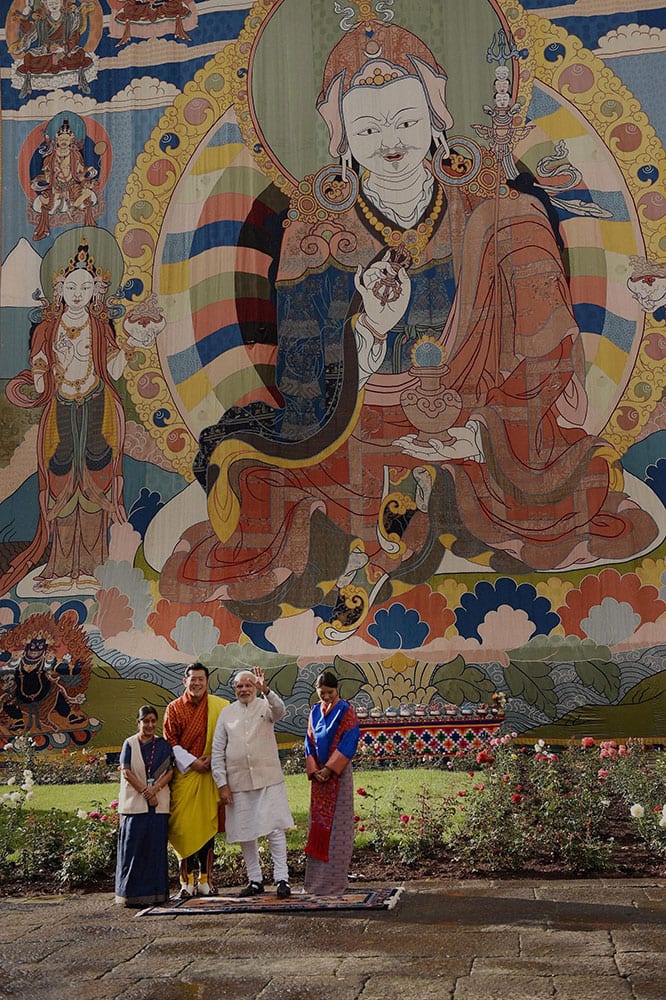 Prime Minister Narendra Modi, Bhutan King Jigme Khesar Namgyel Wangchuck, his Queen Jetsun Pema and External Affairs Minister Sushma Swaraj at a ceremonial reception at Royal Palace in Thimphu.