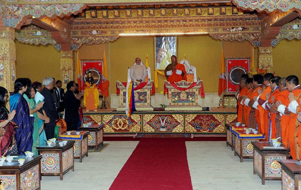 Prime Minister Narendra Modi and his Bhutanese counterpart Tshering Tobgay at a bilateral meeting in Thimphu on Sunday. Union Minister for External Affairs and Overseas Indian Affairs, Sushma Swaraj and other dignitaries are also seen.