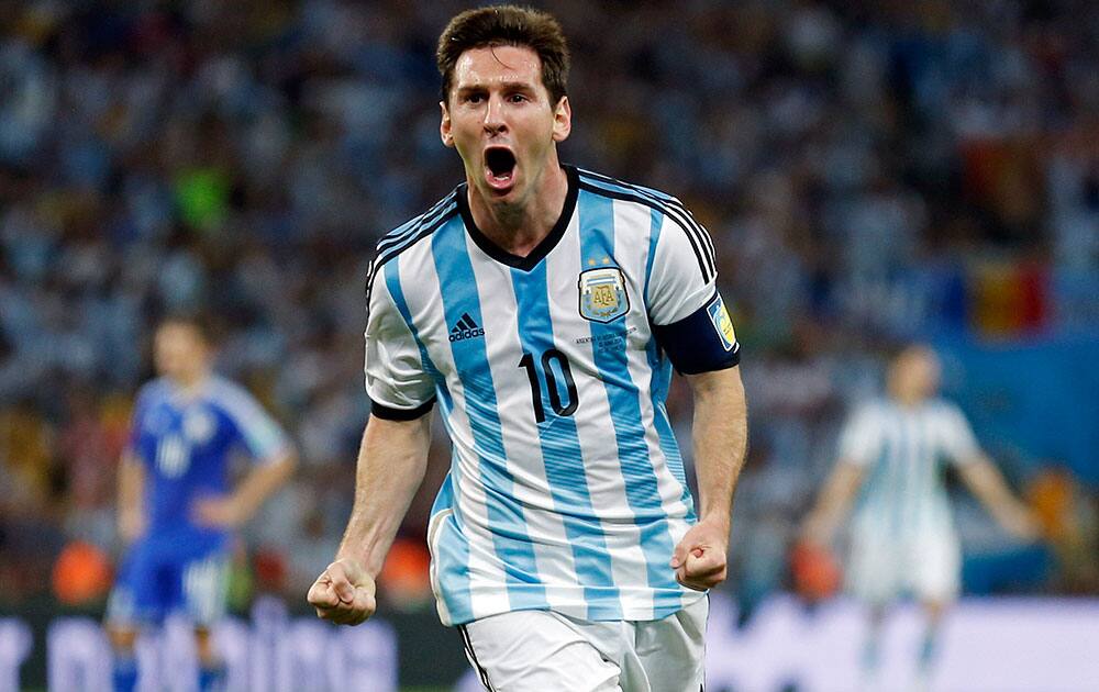 Argentina`s Lionel Messi celebrates scoring his side`s second goal during the group F World Cup soccer match between Argentina and Bosnia at the Maracana Stadium in Rio de Janeiro, Brazil.