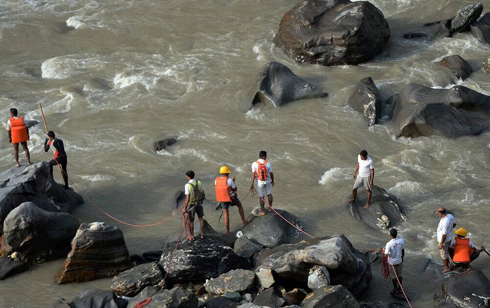 Search operation starts as water level gets down near Thalot in Mandi, Himachal Pradesh.