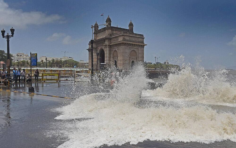 A high tide hits the shore near Gateway of India in Mumbai.