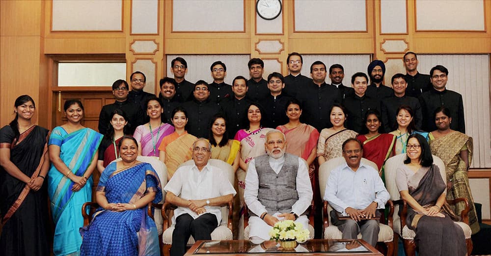 Prime Minister Narendra Modi poses for a group photograph with the officer trainees of the 2012 batch of Indian Foreign Service in New Delhi.